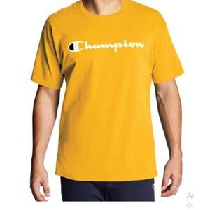 Champion Men's Yellow Cotton Midweight Crewneck Graphic Script T-shirt Size S